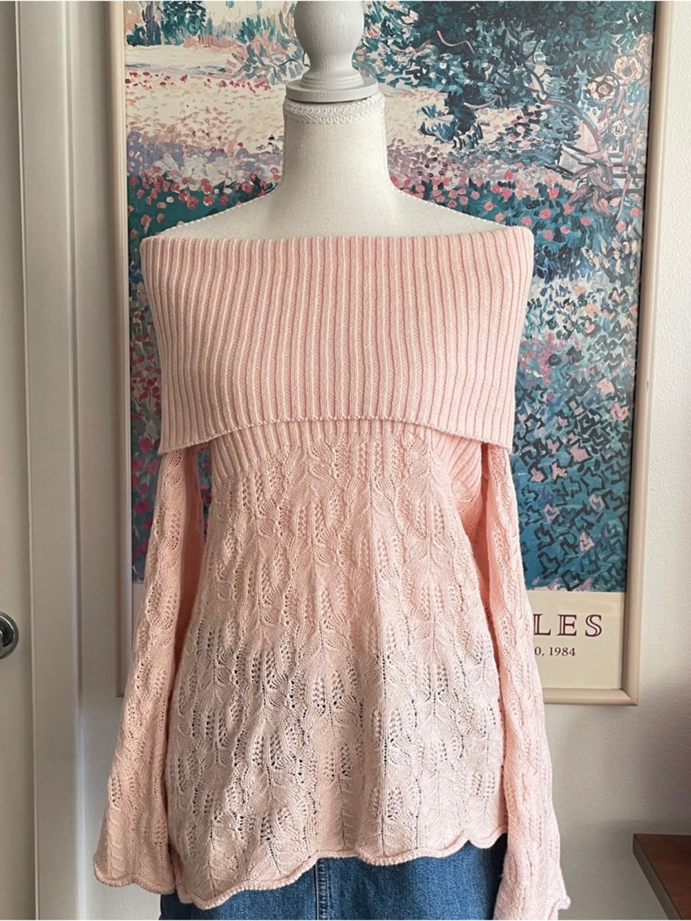 Y2K Off The Shoulder Pink Knit Sweater Medium Coquette Cottagecore Spring Pastel